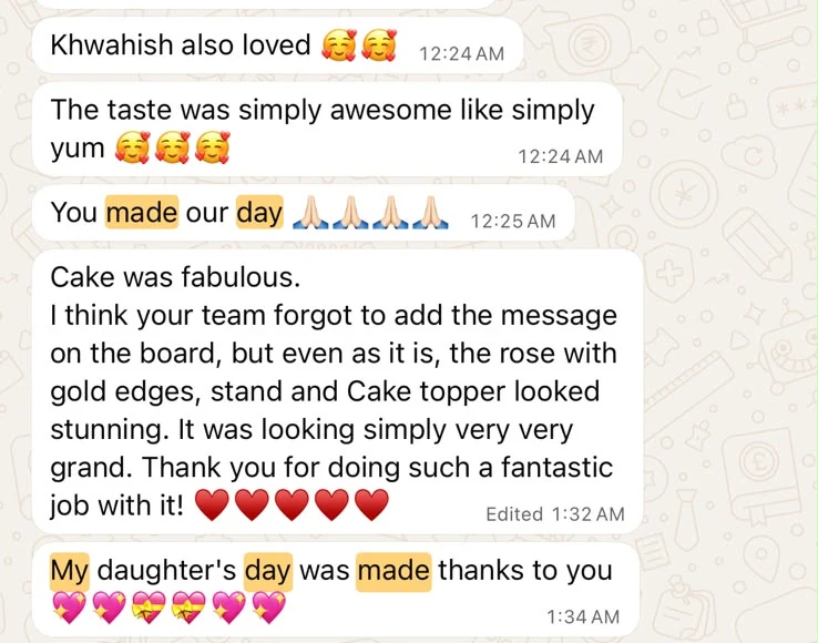 The taste was simply awesome like simply yum. You made our day. Cake was fabulous. I think your team forgot to add the message on the board, but even as it is, the rose with gold edges, stand and Cake topper looked stunning. It was looking simply very very grand. Thank you for doing such a fantastic job with it! My daughter's day was made thanks to you